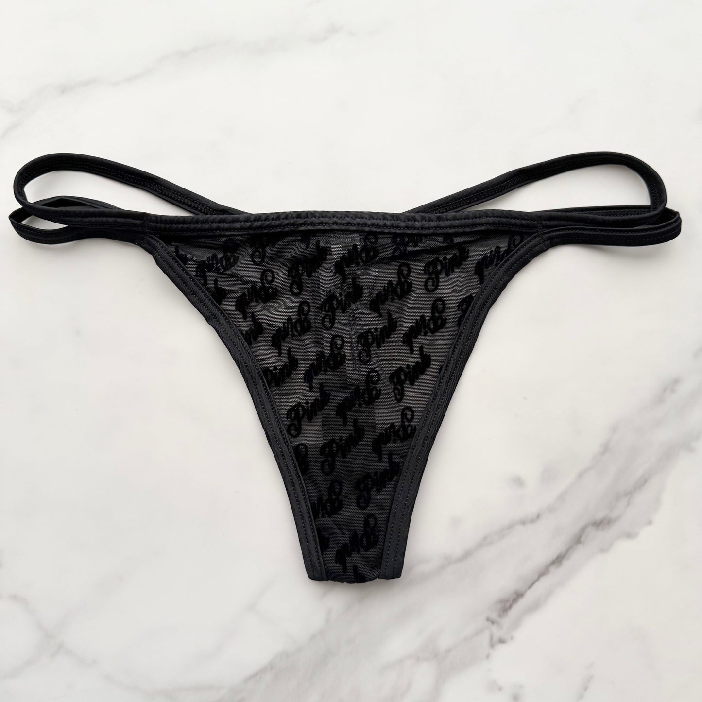 Flocked Logo Mesh Strappy Thong Panty