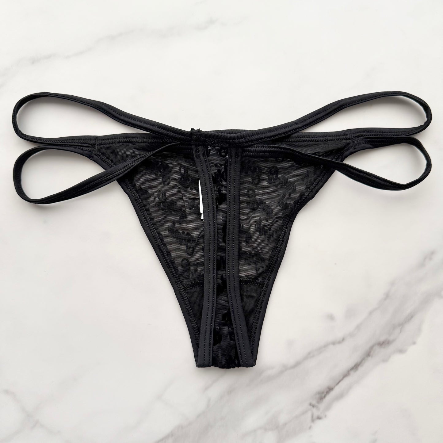 Flocked Logo Mesh Strappy Thong Panty