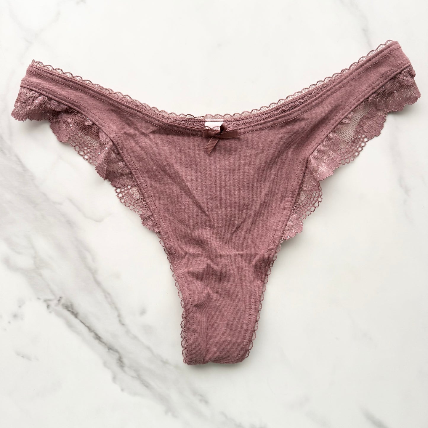 Body By Victoria Stretch Cotton Lace-Trim High-Leg Scoop Thong Panty