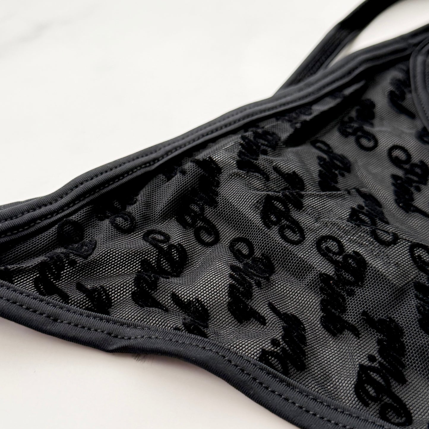 Flocked Logo Mesh Strappy Thong Panty