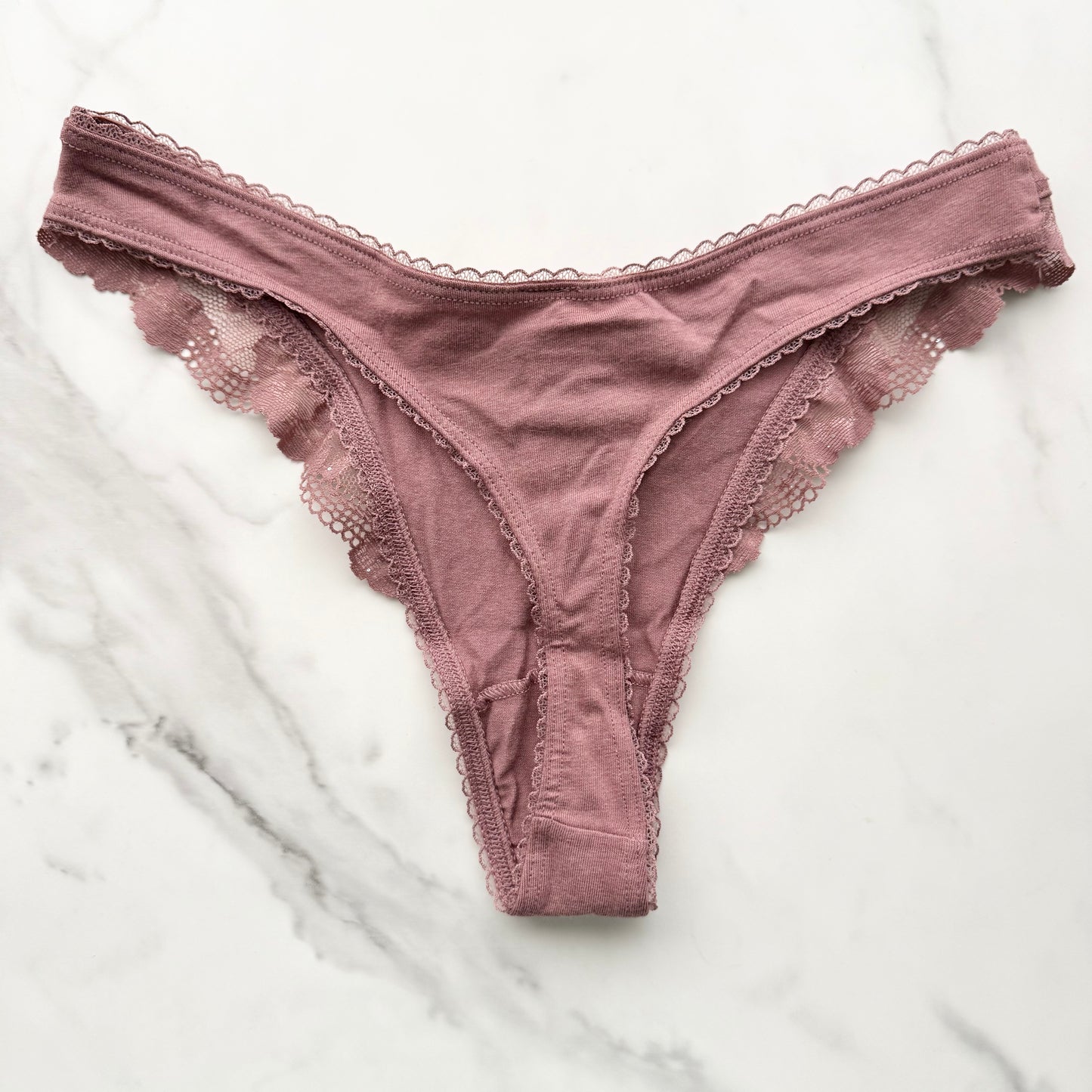 Body By Victoria Stretch Cotton Lace-Trim High-Leg Scoop Thong Panty