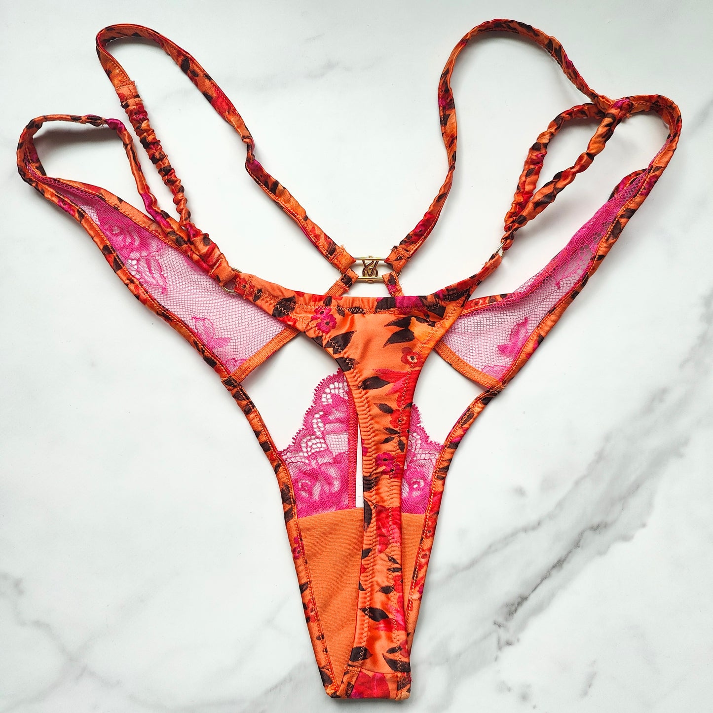 Very Sexy Tropical Satin Lace High-Leg Strappy Thong Panty