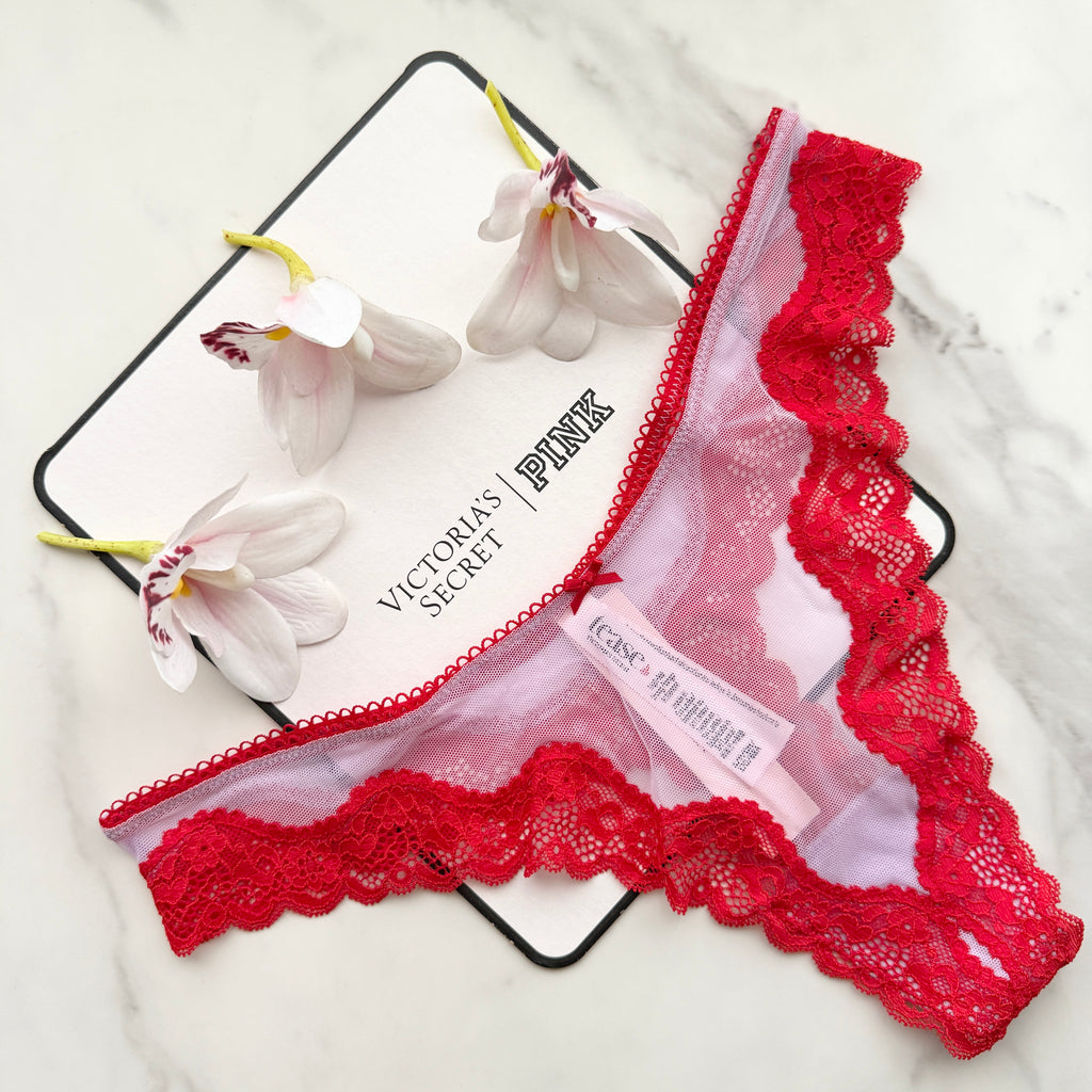 Tease Mesh Lace-Trim High-Leg Thong Panty