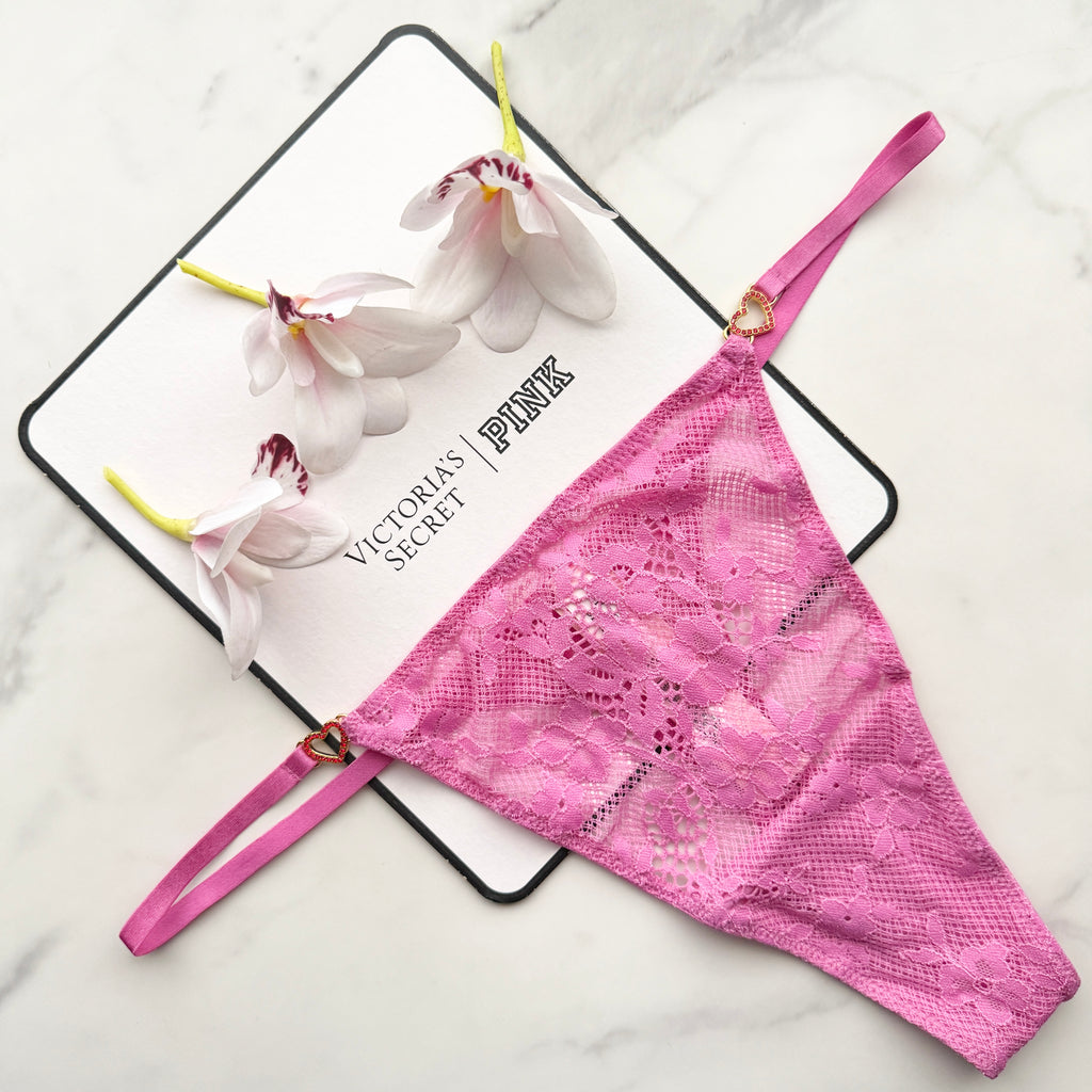 Dream Angels Lace Rhinestone Heart Hardware Thong Panty