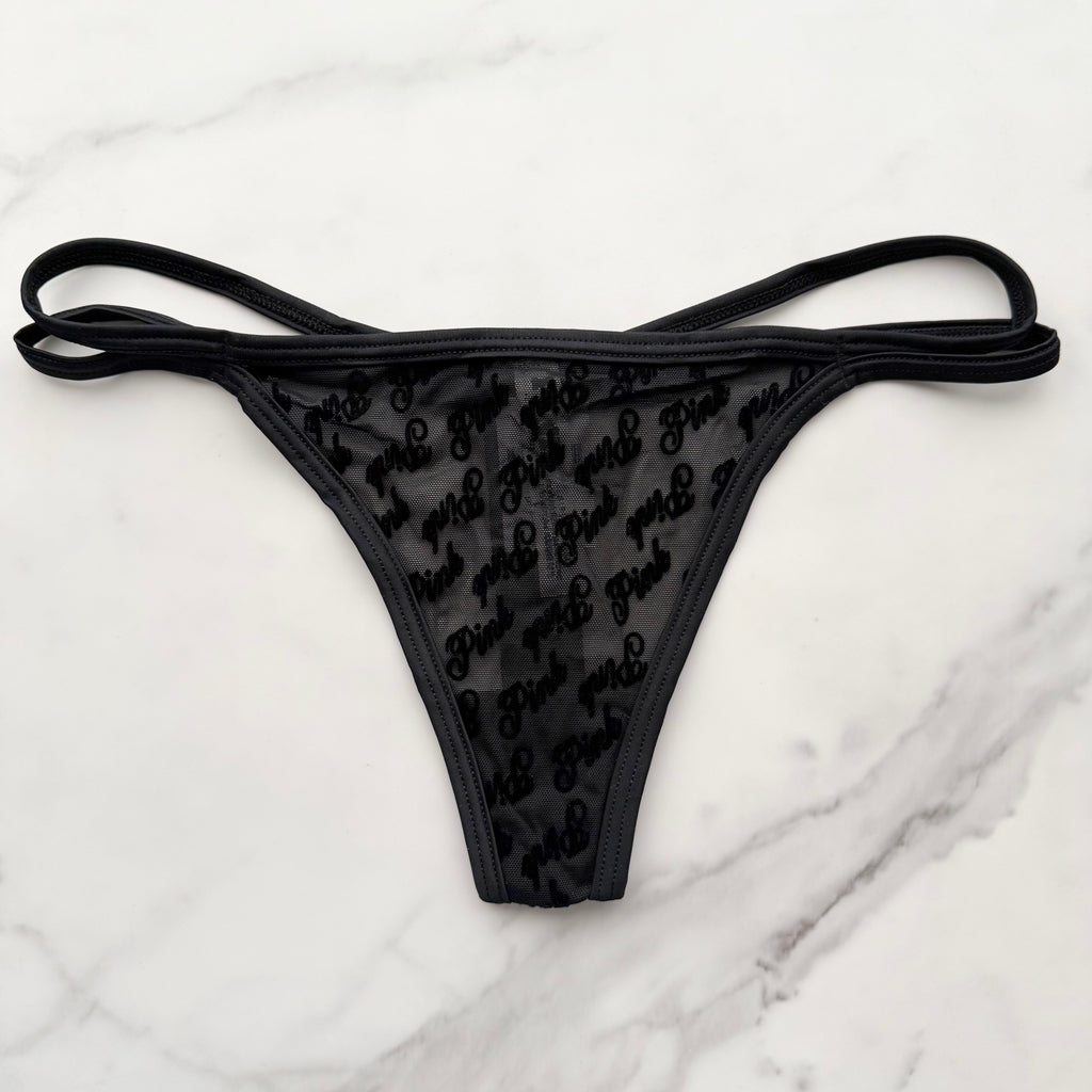 Flocked Logo Mesh Strappy Thong Panty