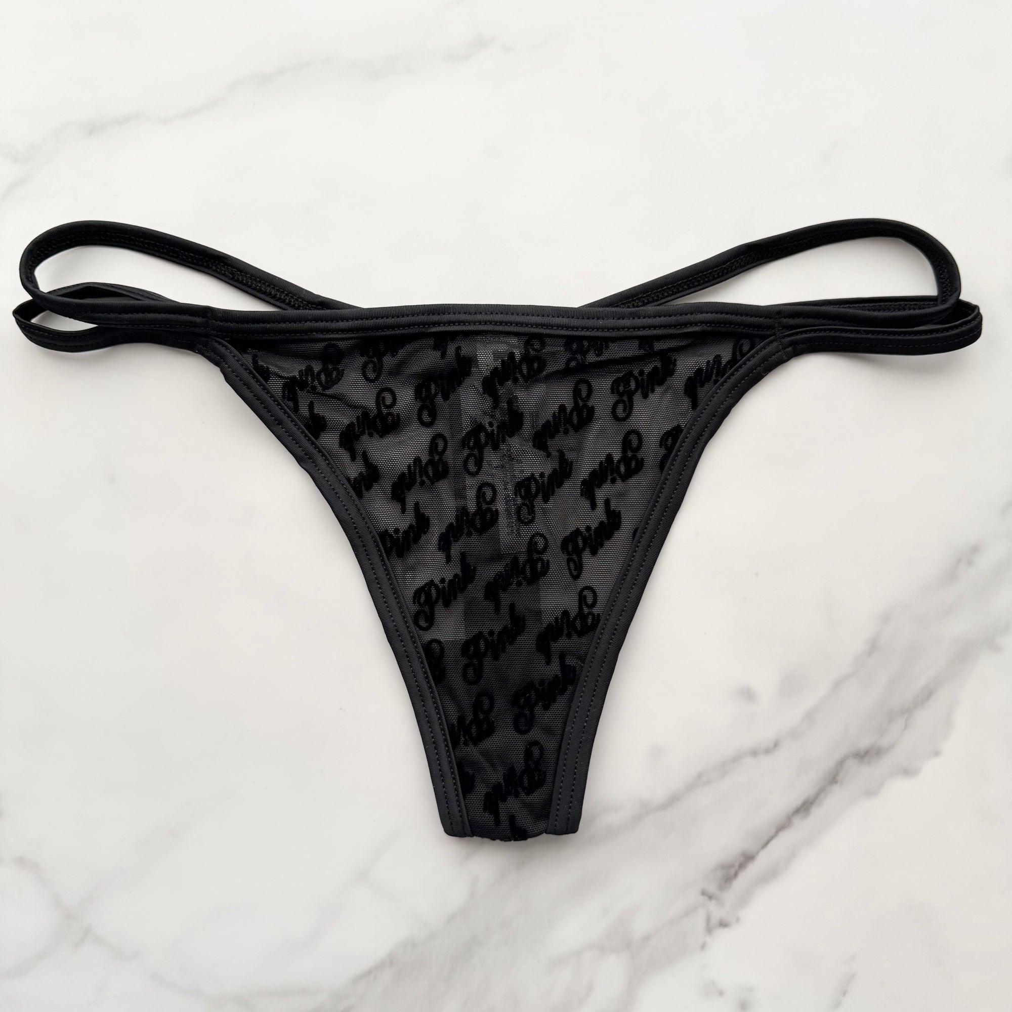 Flocked Logo Mesh Strappy Thong Panty