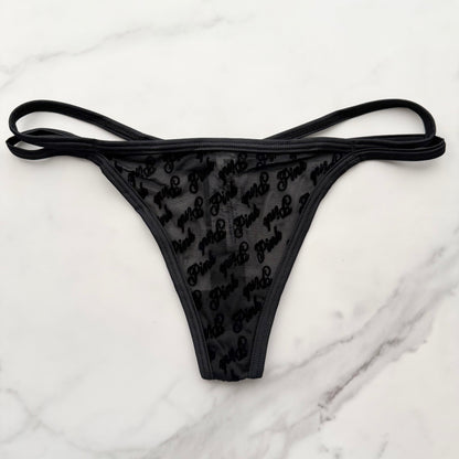 Flocked Logo Mesh Strappy Thong Panty
