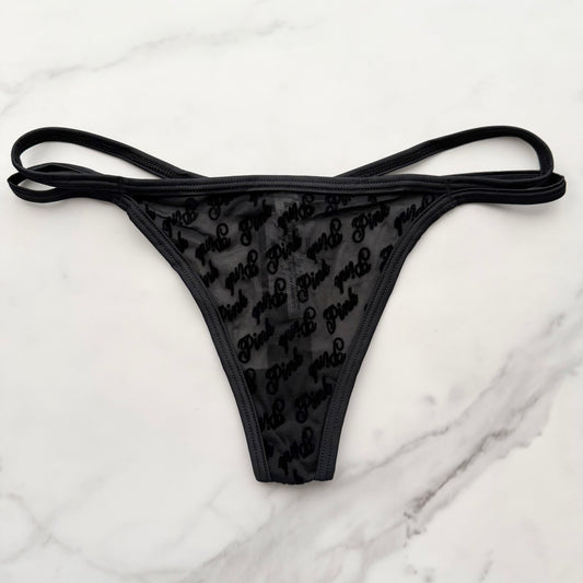 Flocked Logo Mesh Strappy Thong Panty