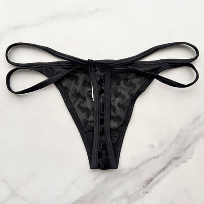 Flocked Logo Mesh Strappy Thong Panty