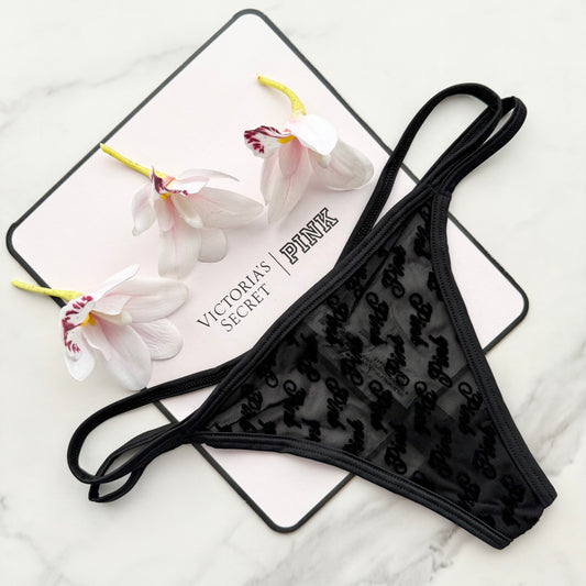 Flocked Logo Mesh Strappy Thong Panty