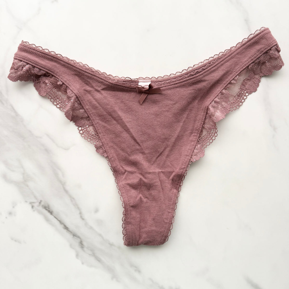 Body By Victoria Stretch Cotton Lace-Trim High-Leg Scoop Thong Panty
