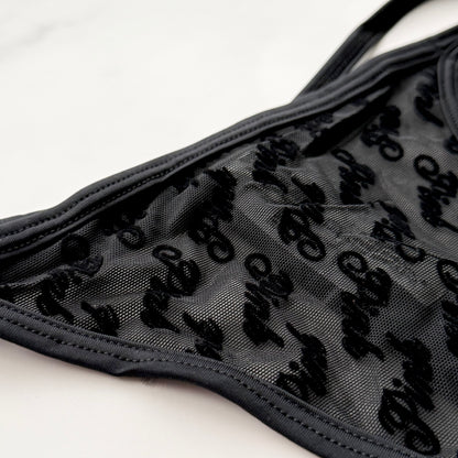 Flocked Logo Mesh Strappy Thong Panty