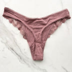 Body By Victoria Stretch Cotton Lace-Trim High-Leg Scoop Thong Panty