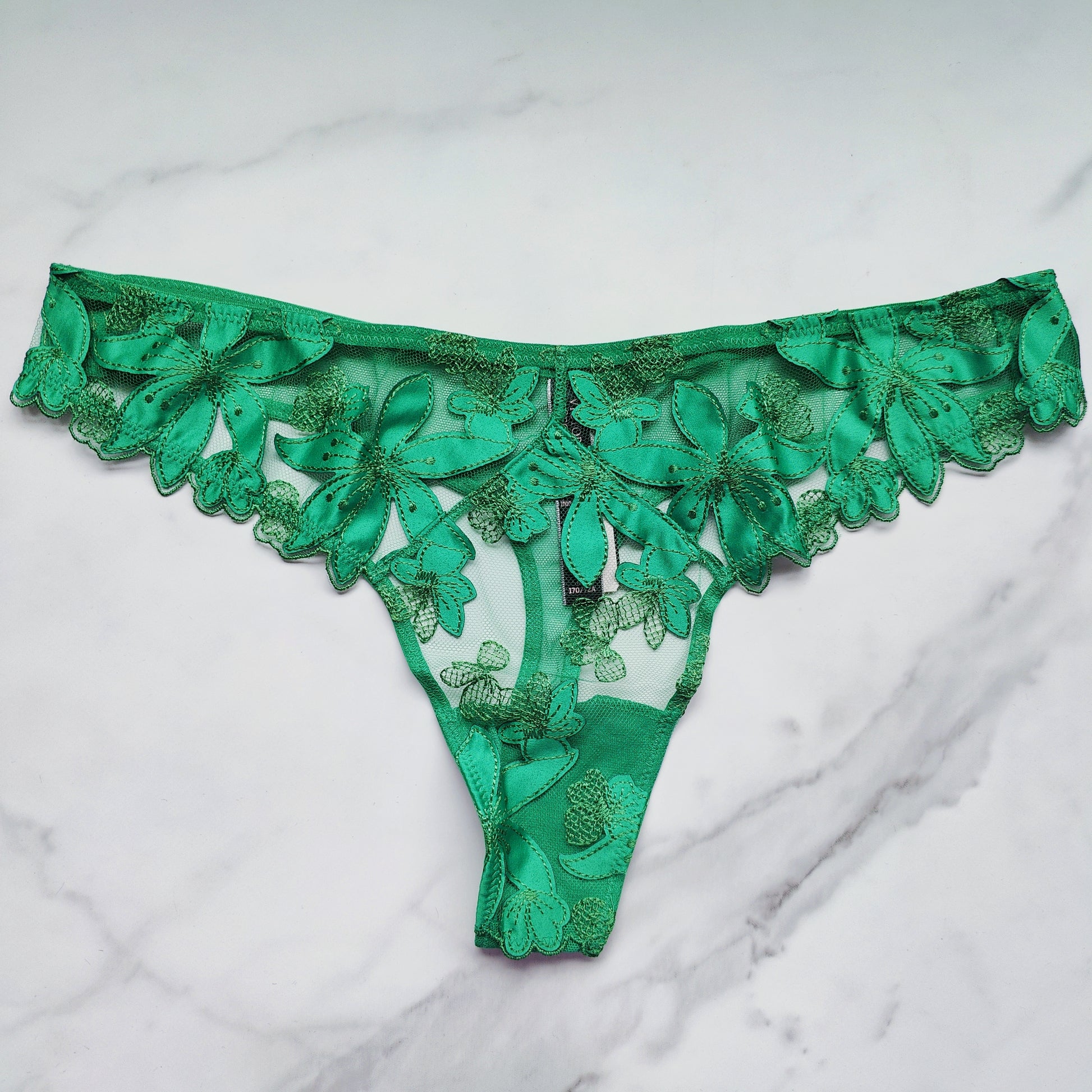 Sheer Green Thong with Shiny Green Stripes & Floral Lace Bands - Large