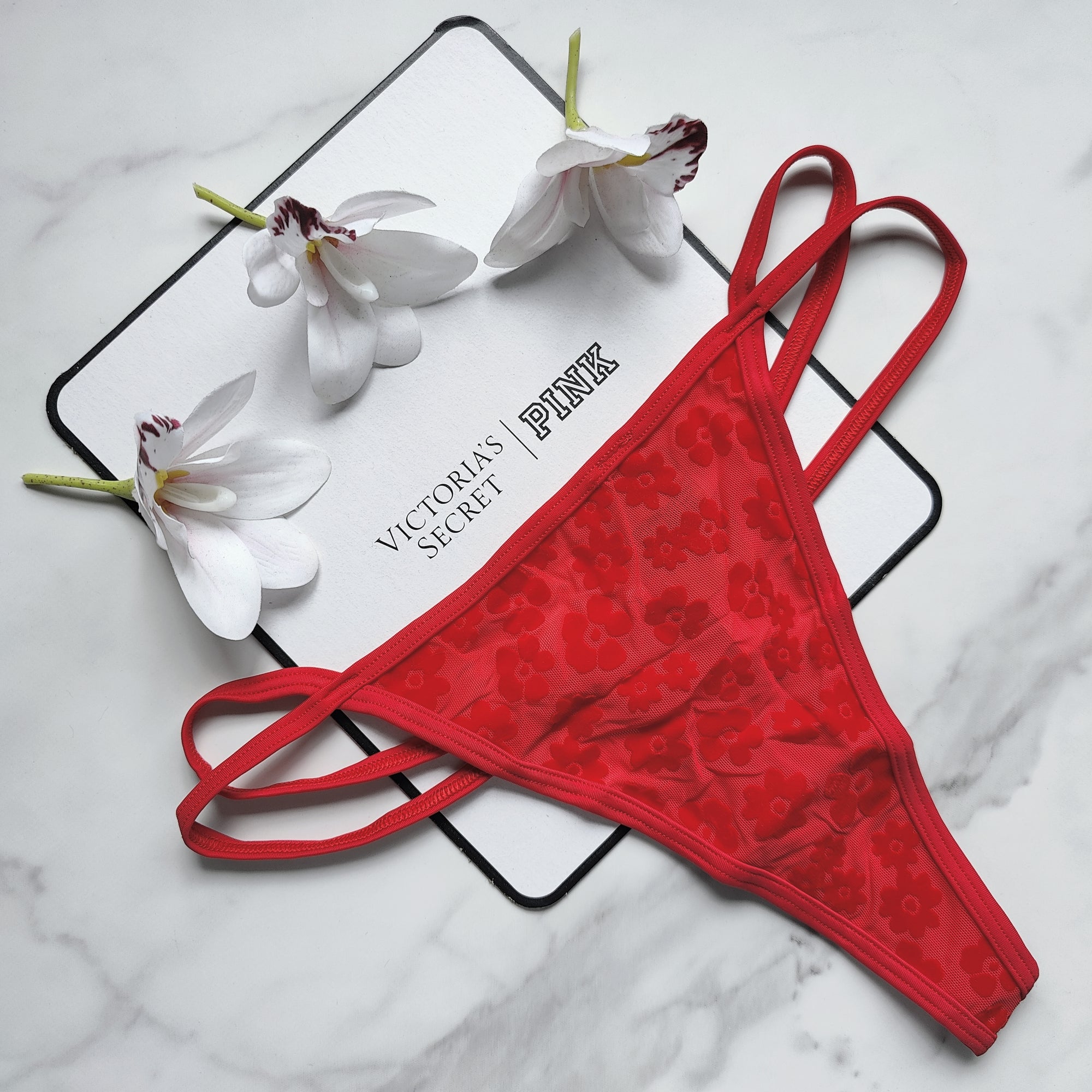 Flocked Mesh Floral Thong Panty