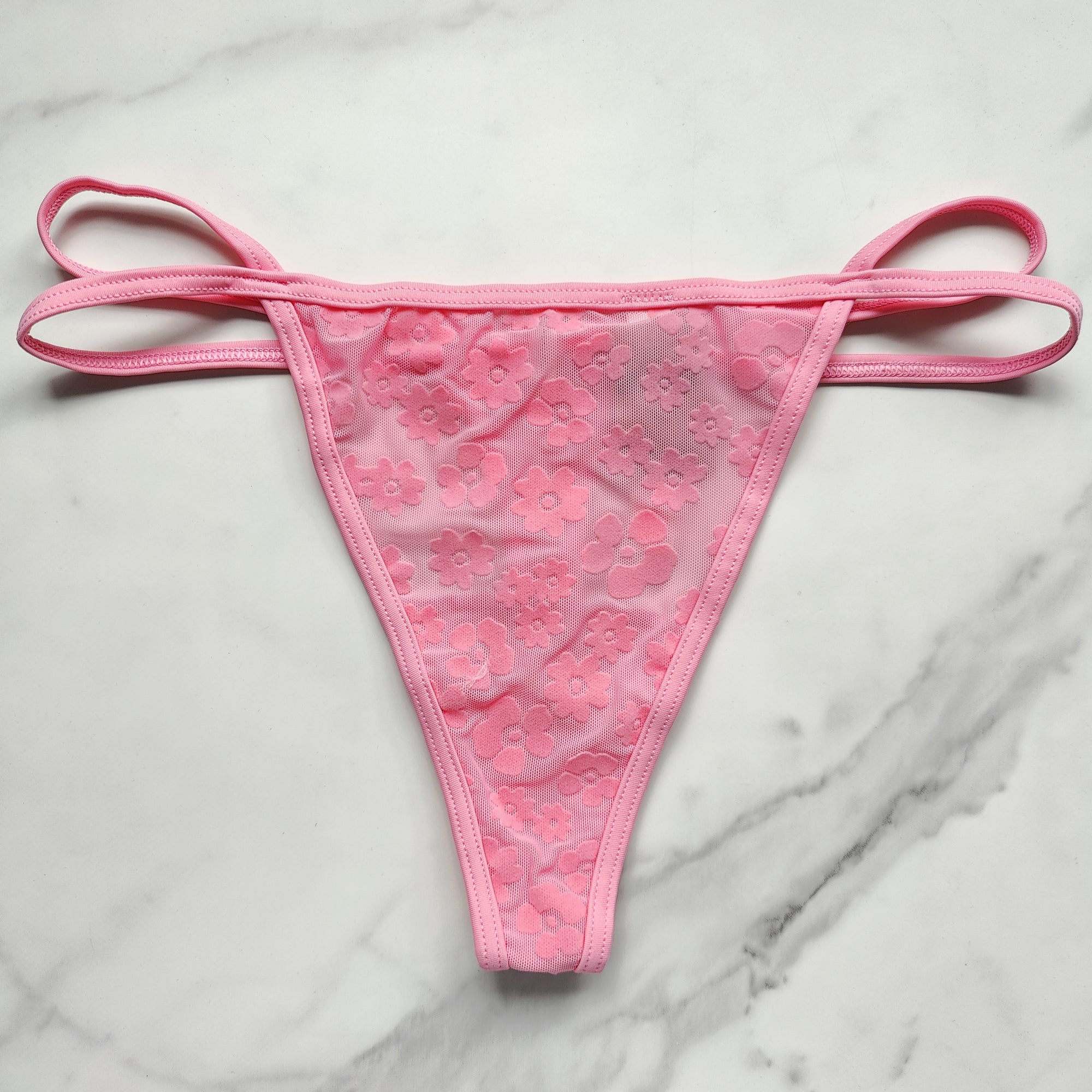 Flocked Mesh Floral Thong Panty