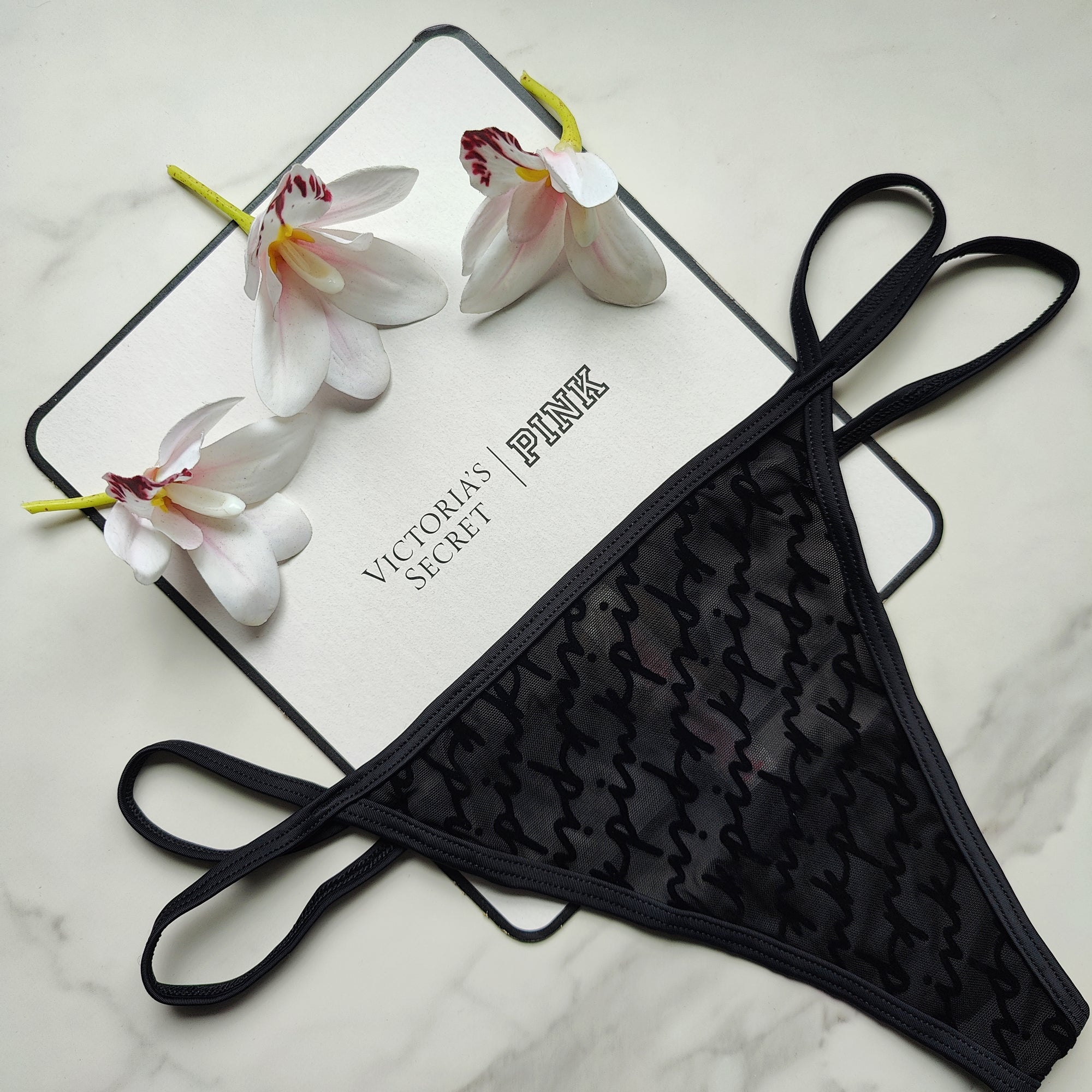 Flocked Mesh Logo Thong Panty