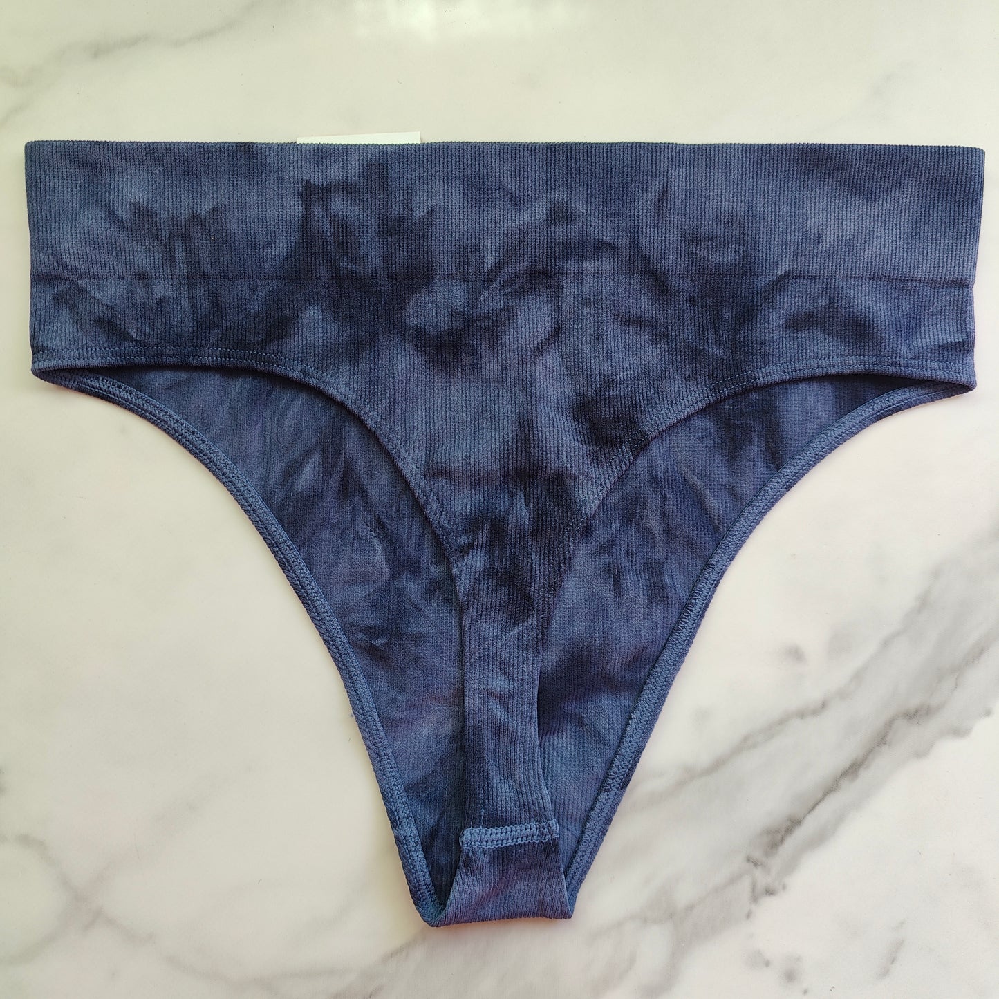 Jenni Women's Seamless Ribbed Knit Hi-Cut Thong Panty Underwear, Navy  Tie-Dye