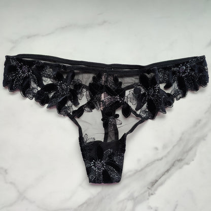 Very Sexy Velvet and Mesh Floral Embroidered Thong Panty