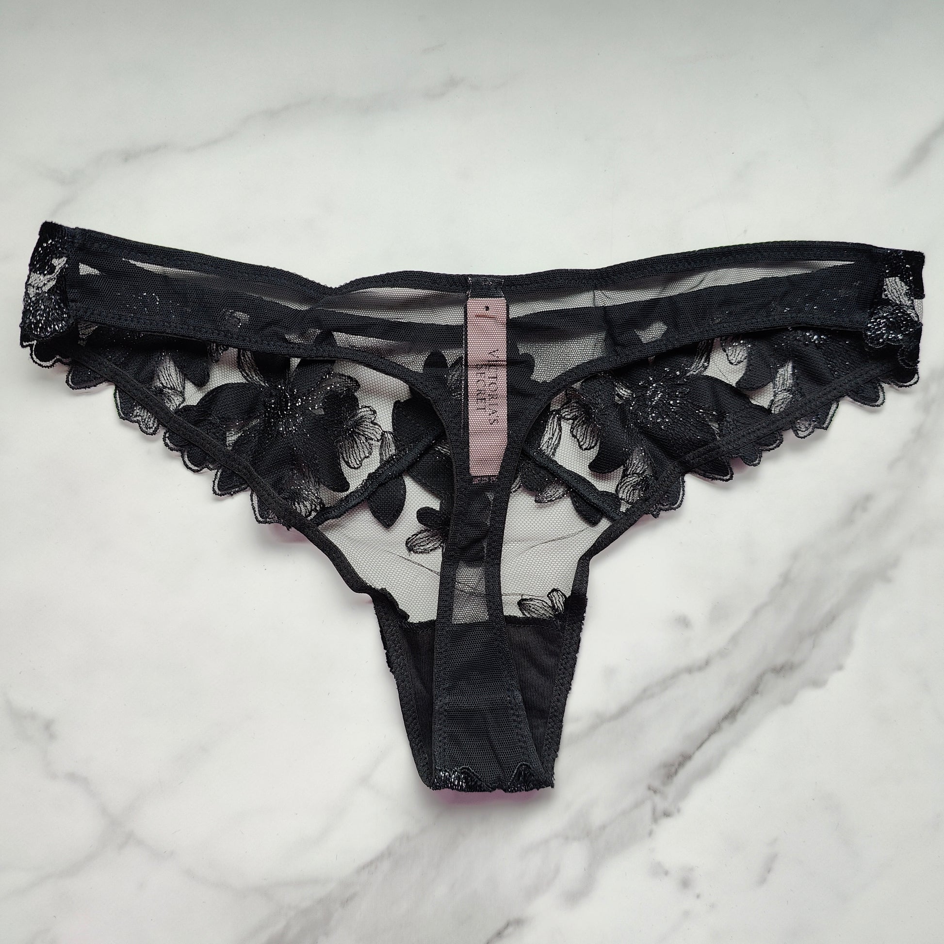 VICTORIA'S SECRET VERY SEXY Black Floral Lace & Mesh Low Rise Cheeky Panty  L XL