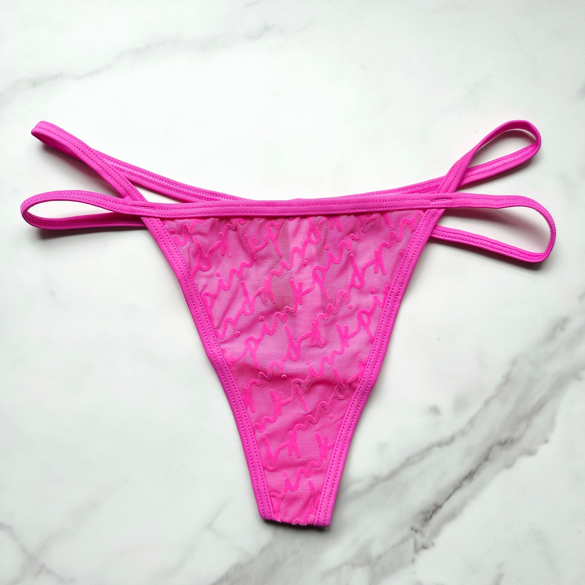 Flocked Mesh Logo Thong Panty