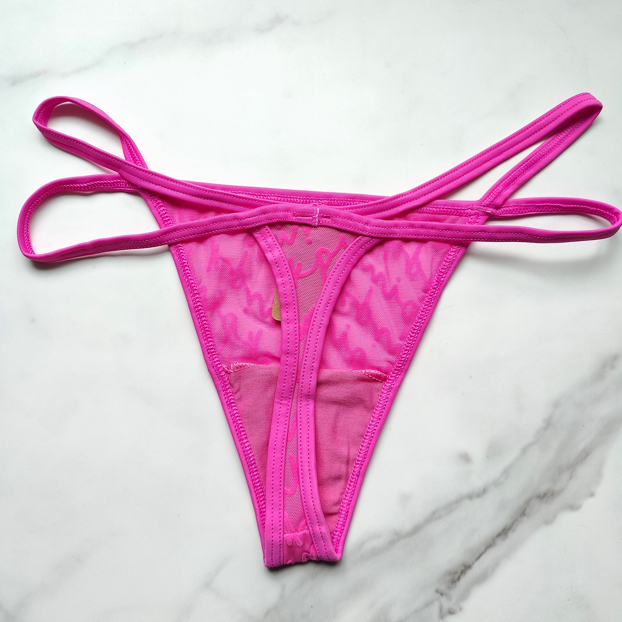 Flocked Mesh Logo Thong Panty