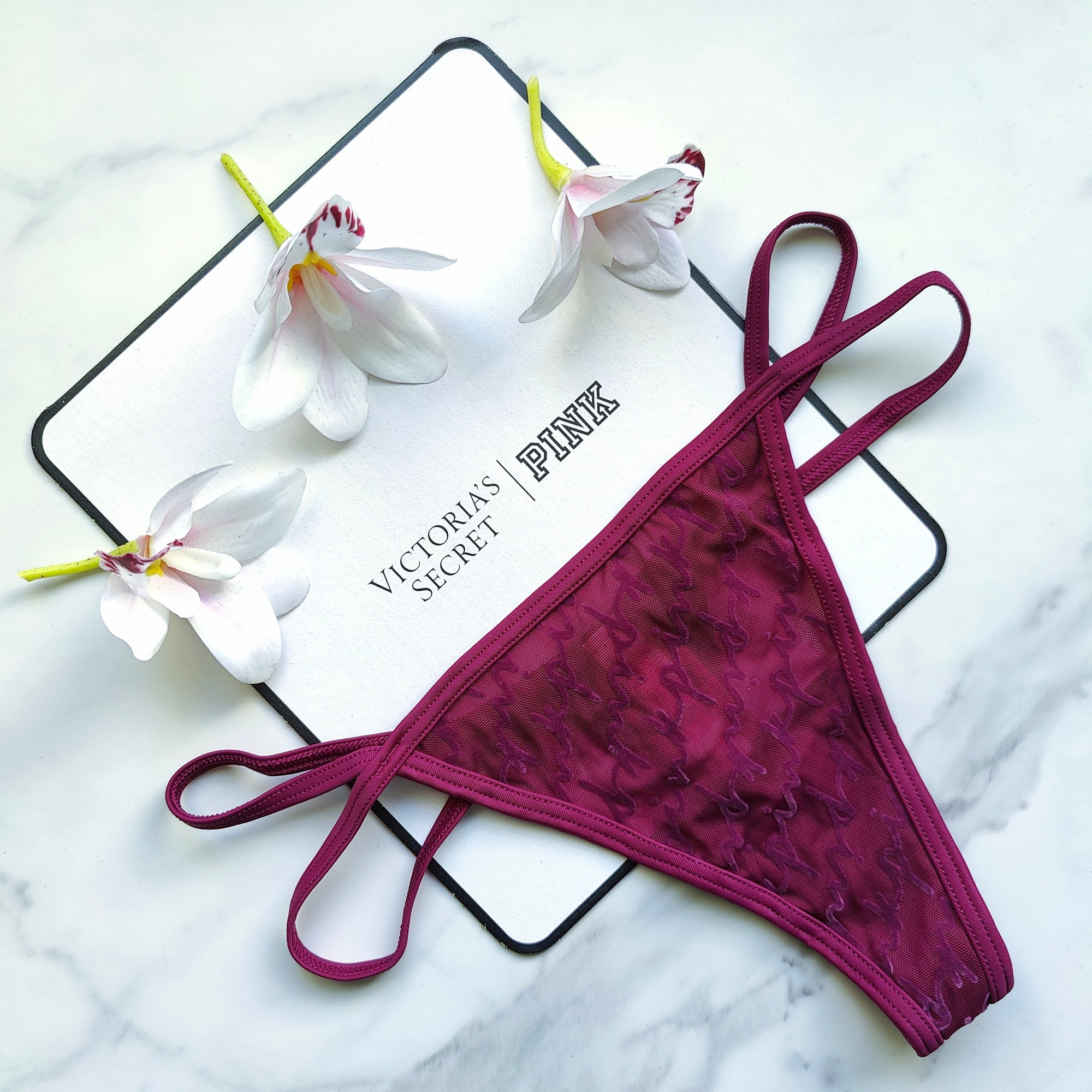 Flocked Mesh Logo Thong Panty