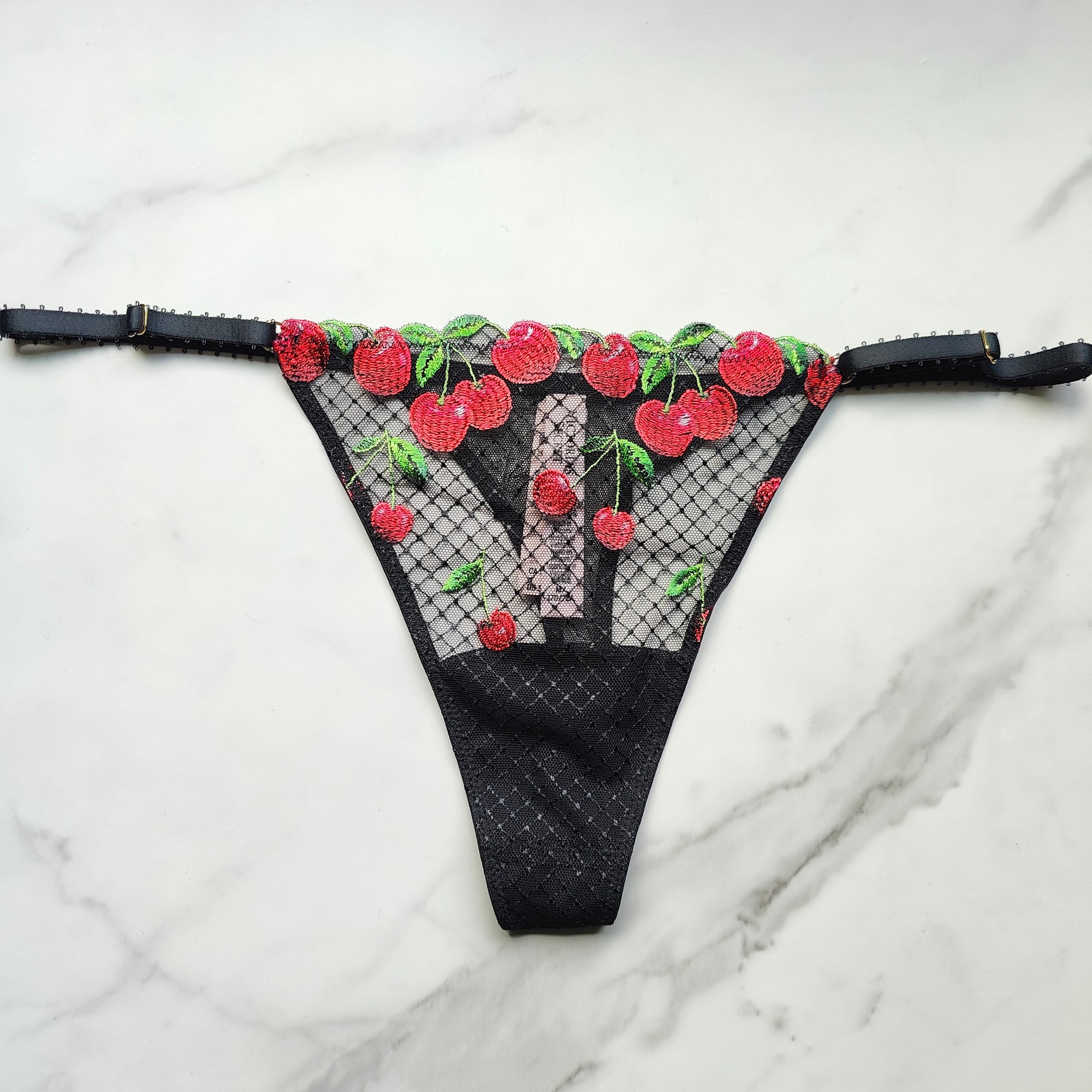 Very Sexy Cherry Embroidery Adjustable String Thong Panty