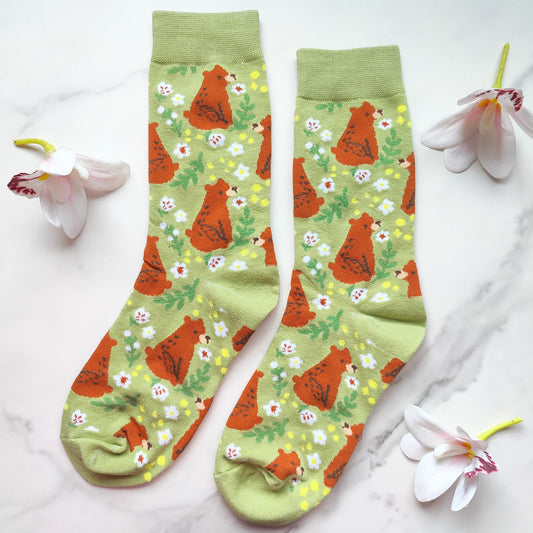 Bear in the Meadow Cotton Blend Crew Socks