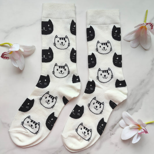 Cat Faces Cotton Blend Crew Socks