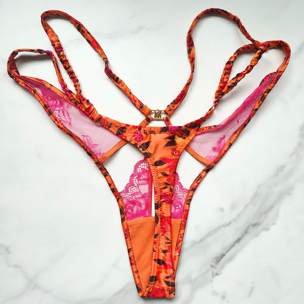 Very Sexy Tropical Satin Lace High-Leg Strappy Thong Panty