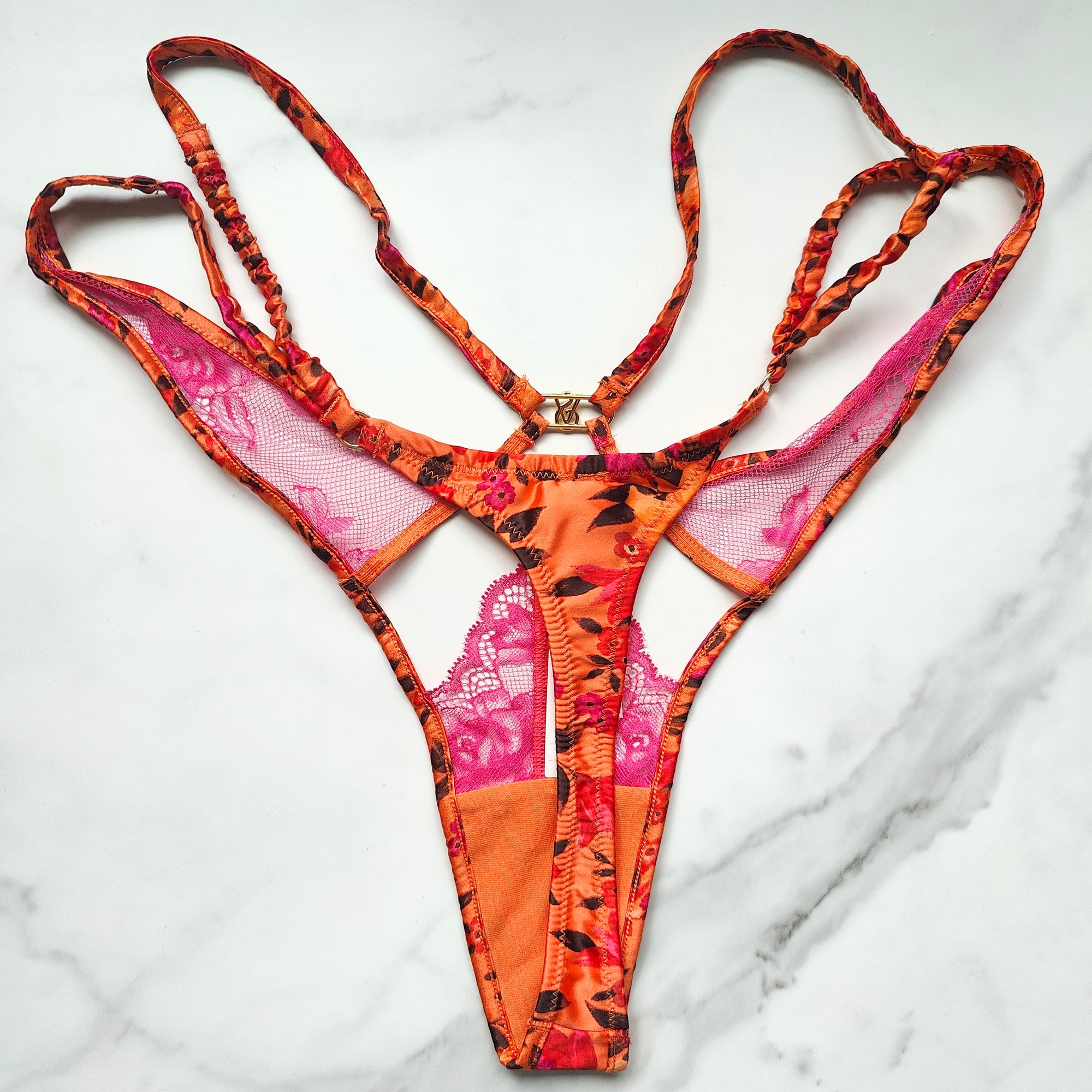 Very Sexy Tropical Satin Lace High-Leg Strappy Thong Panty