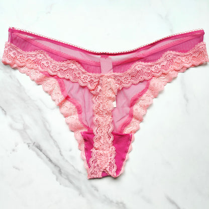 Tease Mesh Lace-Trim High-Leg Thong Panty