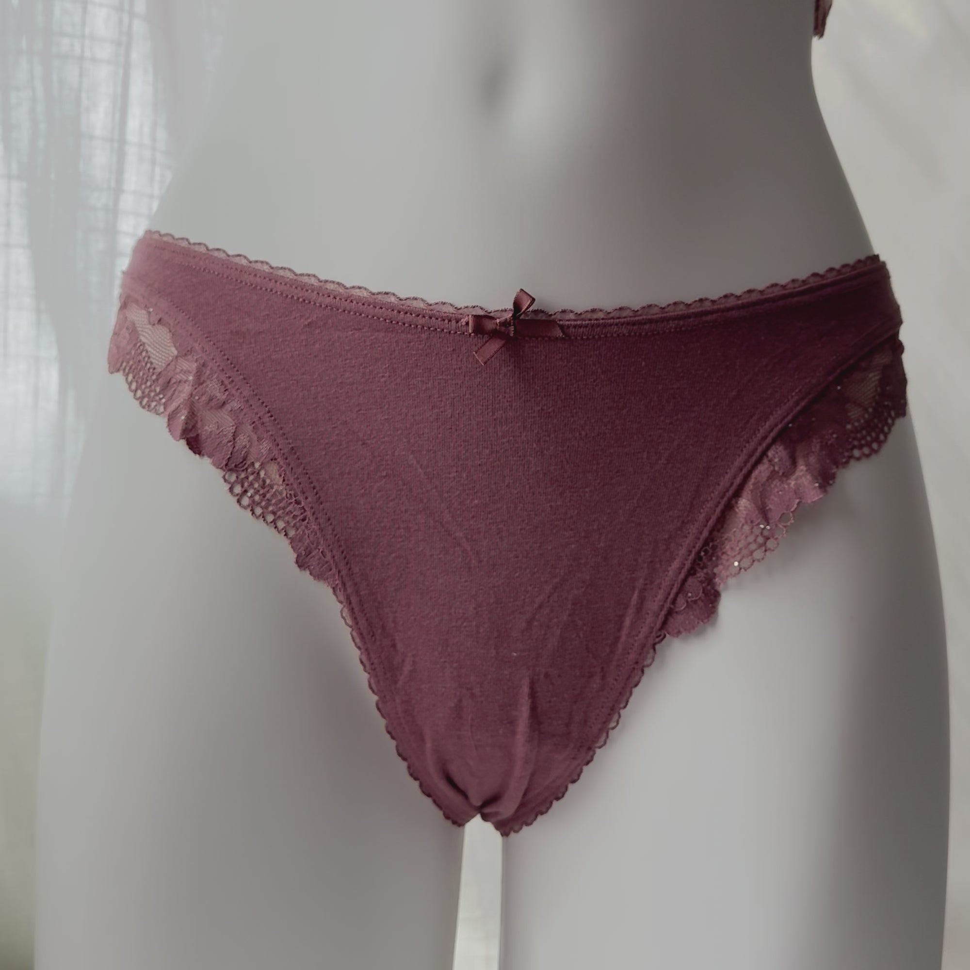 Body By Victoria Stretch Cotton Lace-Trim High-Leg Scoop Thong Panty