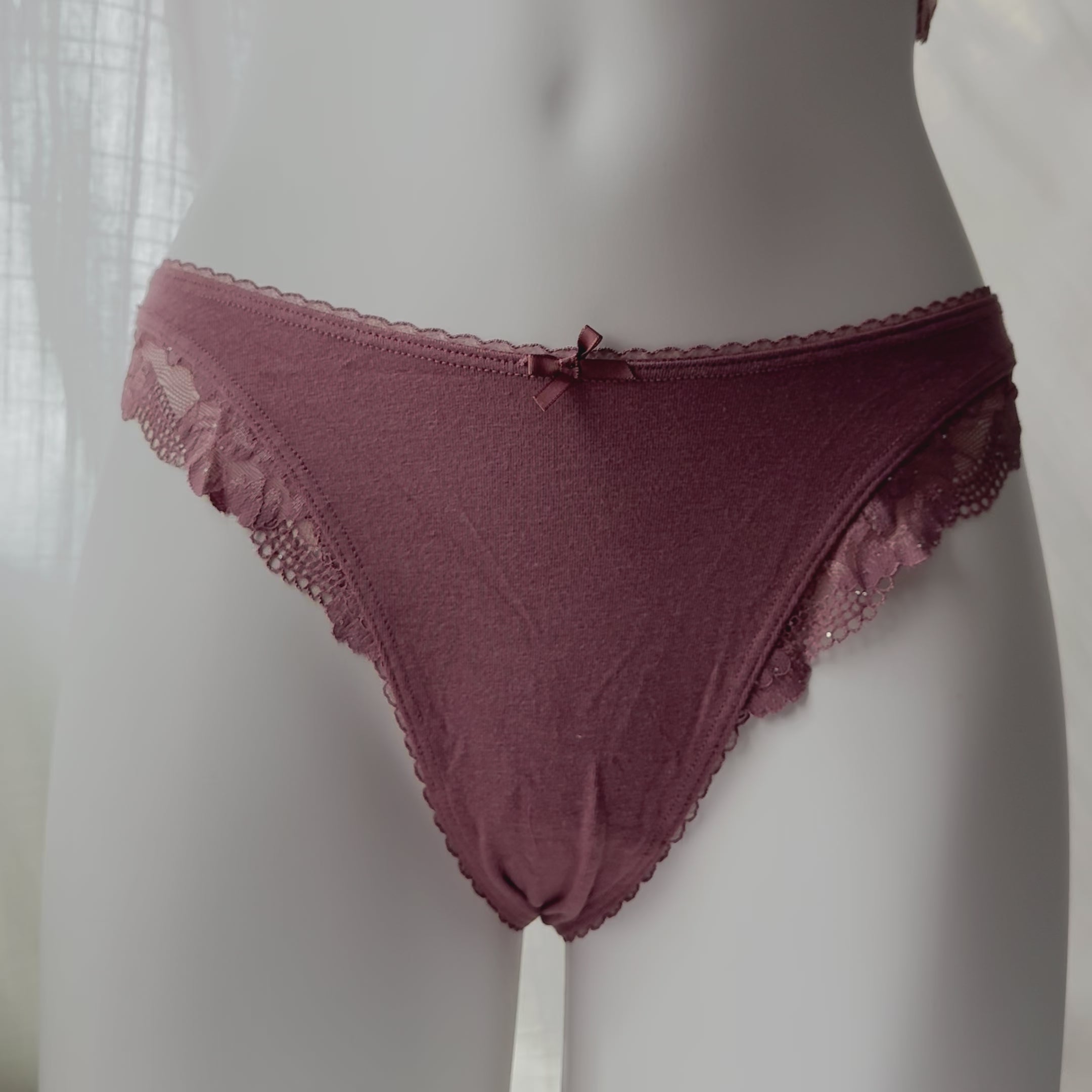 Body By Victoria Stretch Cotton Lace-Trim High-Leg Scoop Thong Panty