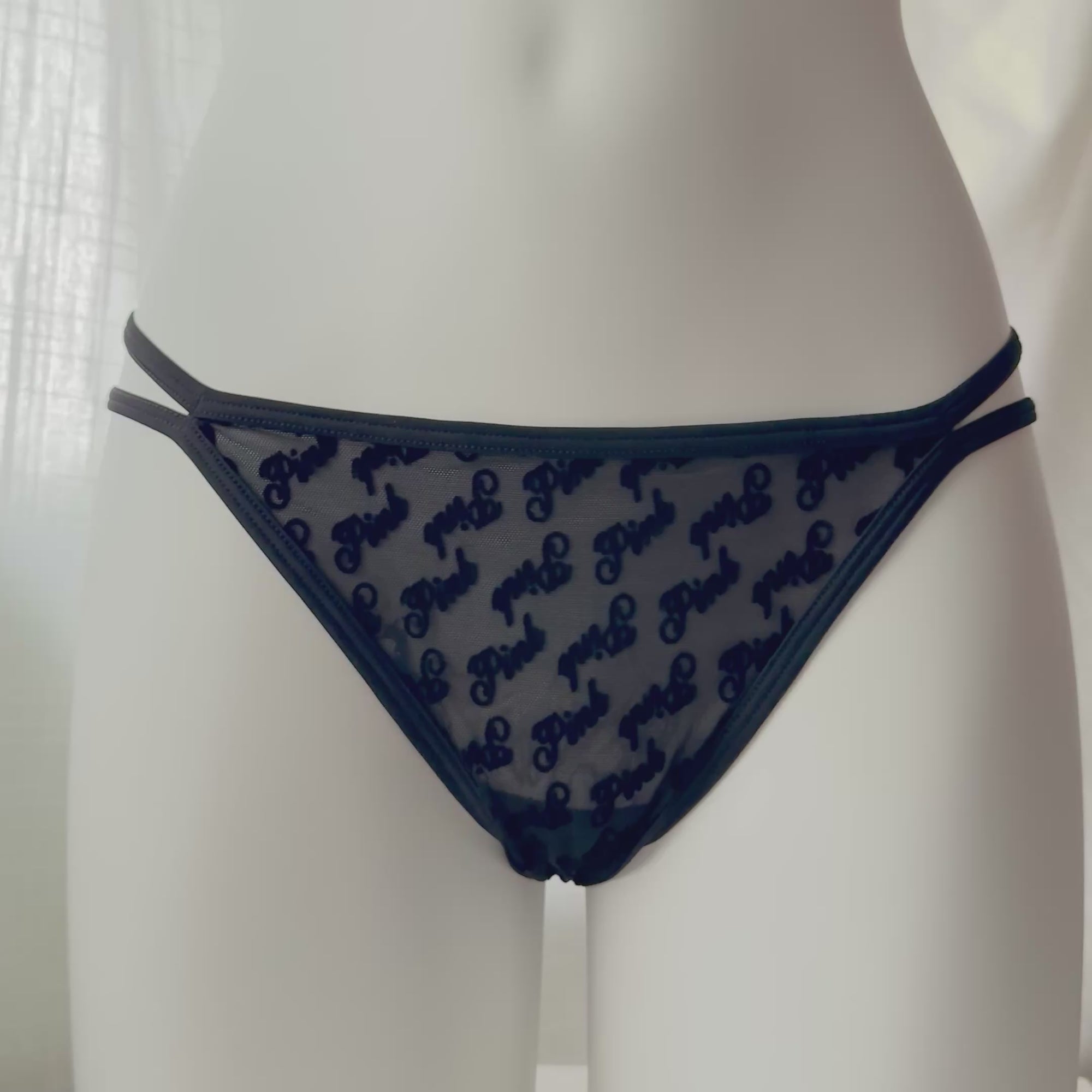 Flocked Logo Mesh Strappy Thong Panty