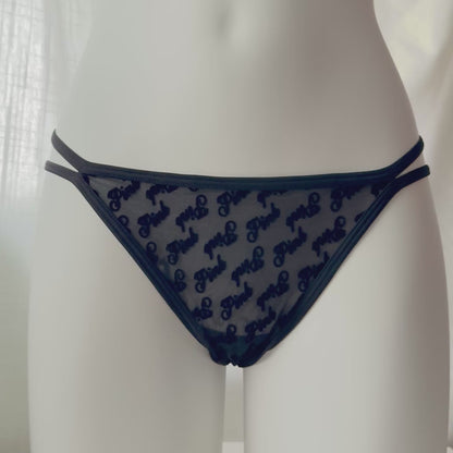 Flocked Logo Mesh Strappy Thong Panty