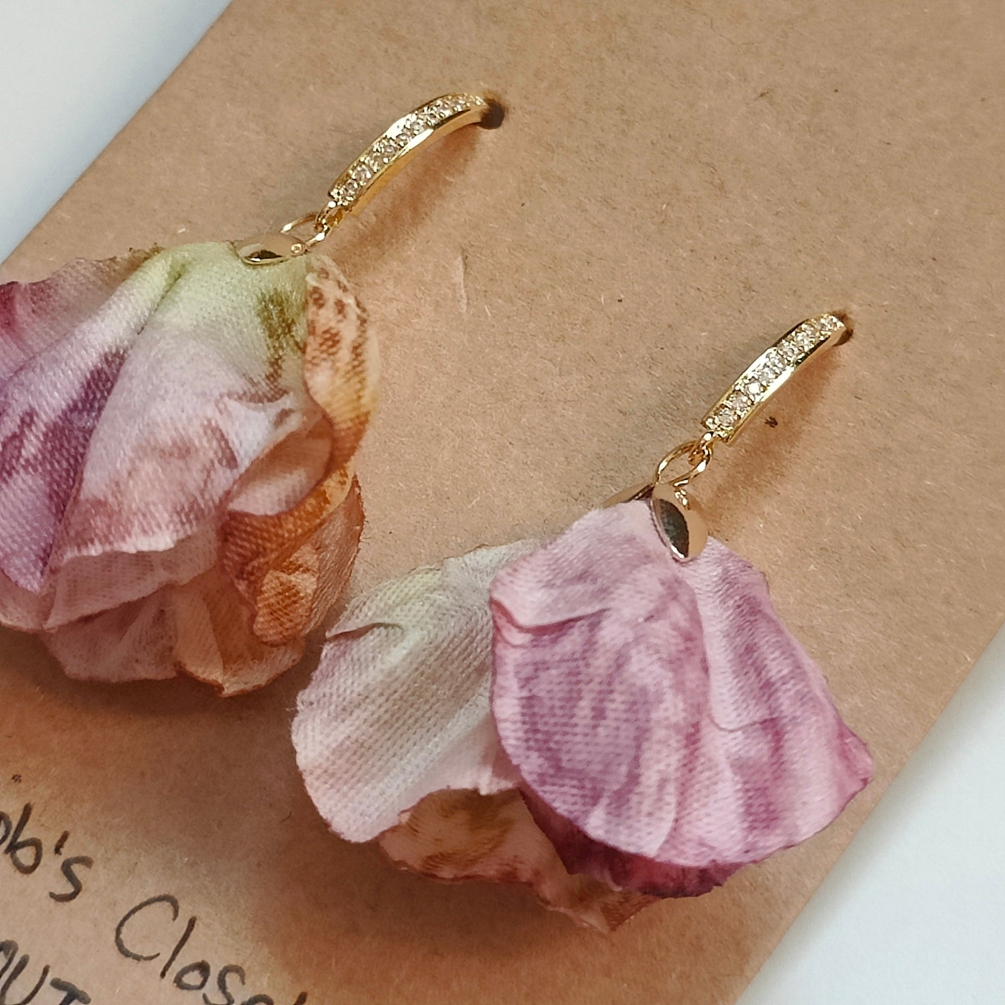 Pamela Handmade 18K Gold Plated Cubic Zirconia Bar and Pink Flower Copper Dangle Earrings