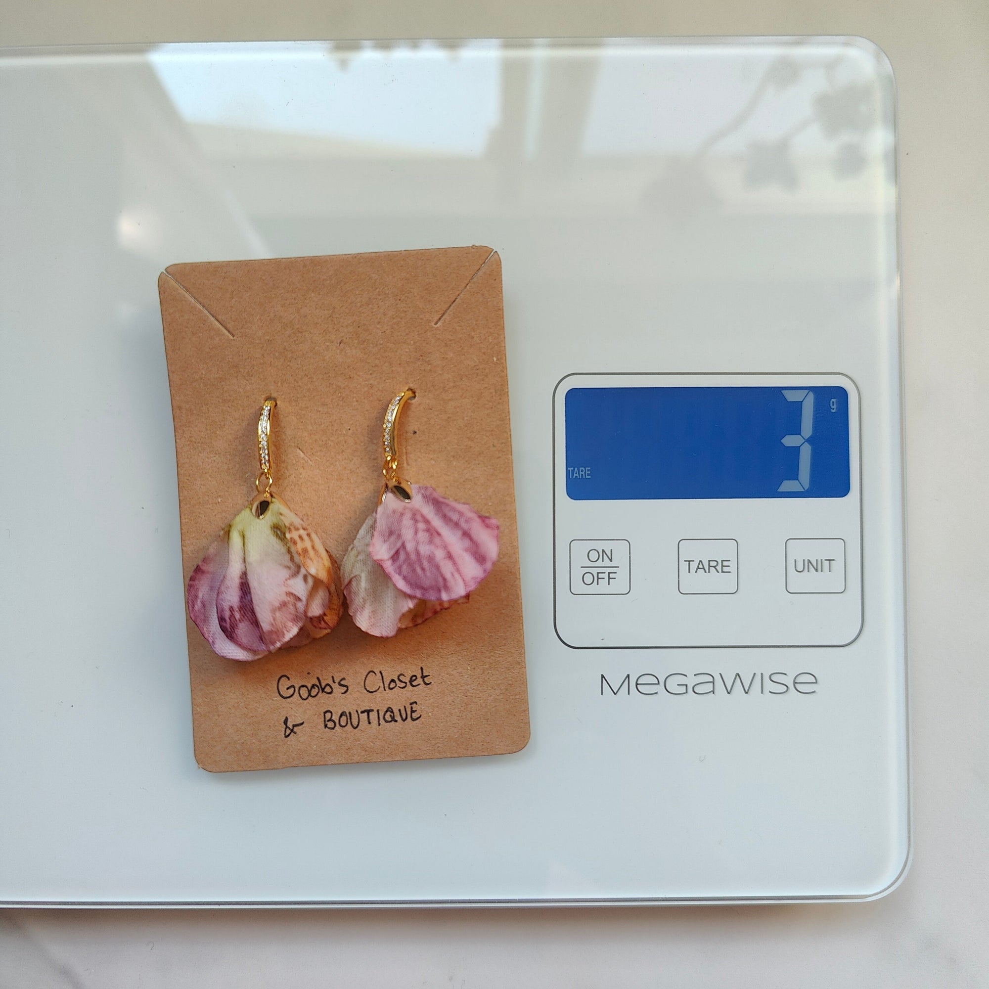 Pamela Handmade 18K Gold Plated Cubic Zirconia Bar and Pink Flower Copper Dangle Earrings