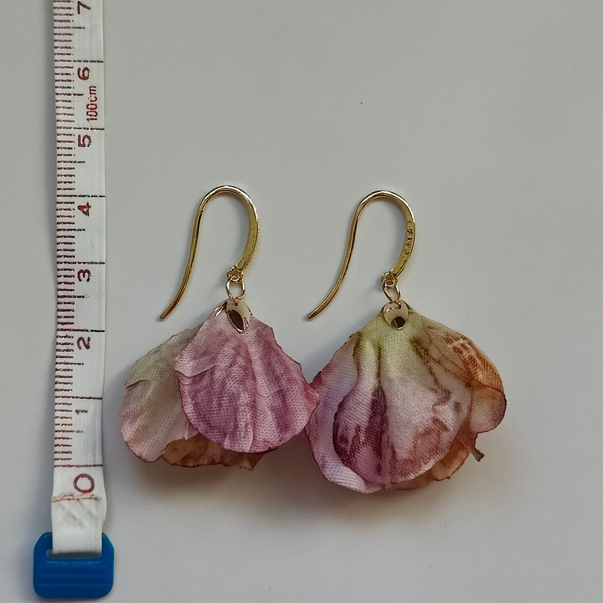 Pamela Handmade 18K Gold Plated Cubic Zirconia Bar and Pink Flower Copper Dangle Earrings