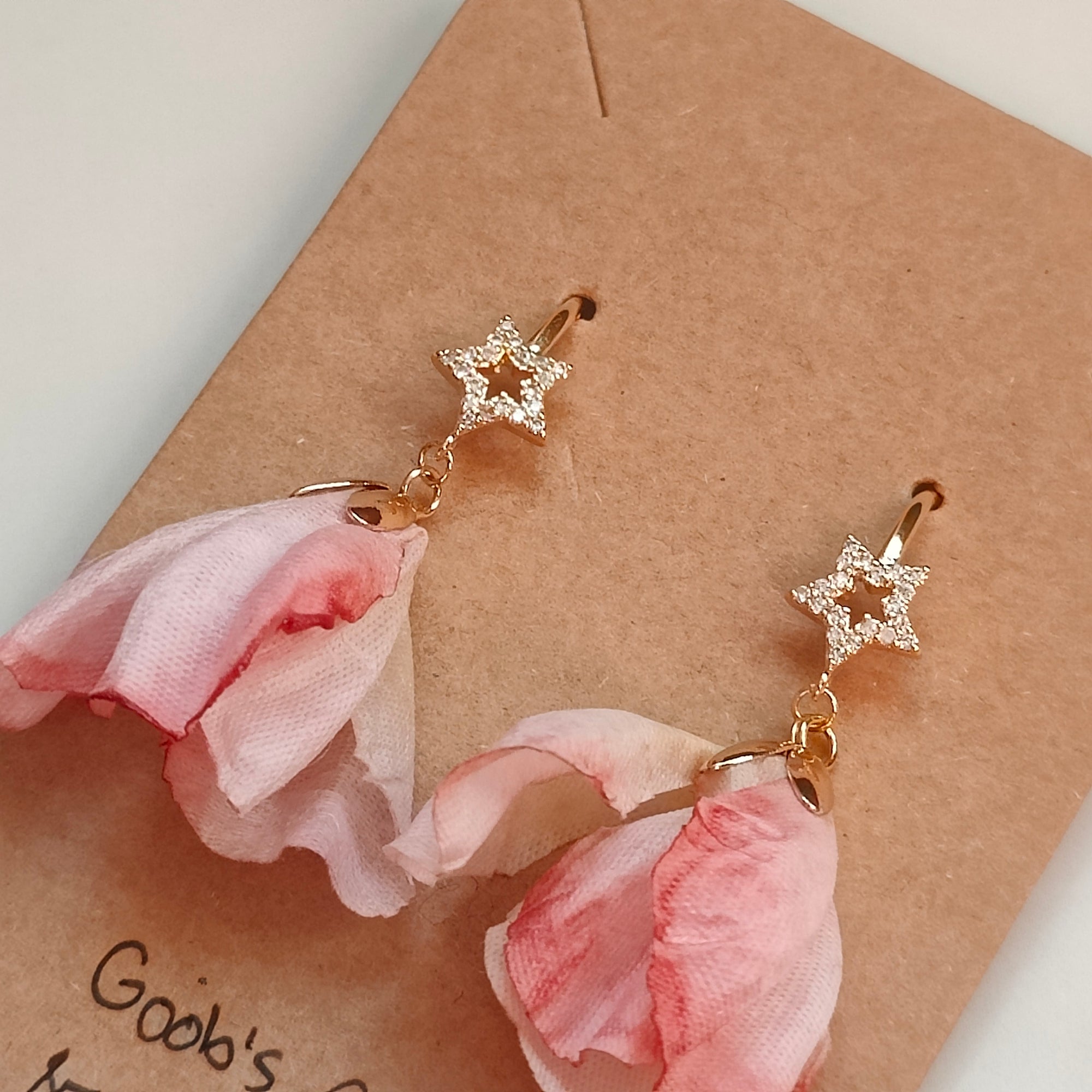Zofia Handmade 18K Gold Plated Cubic Zirconia Star and Pink Flower Copper Dangle Earrings