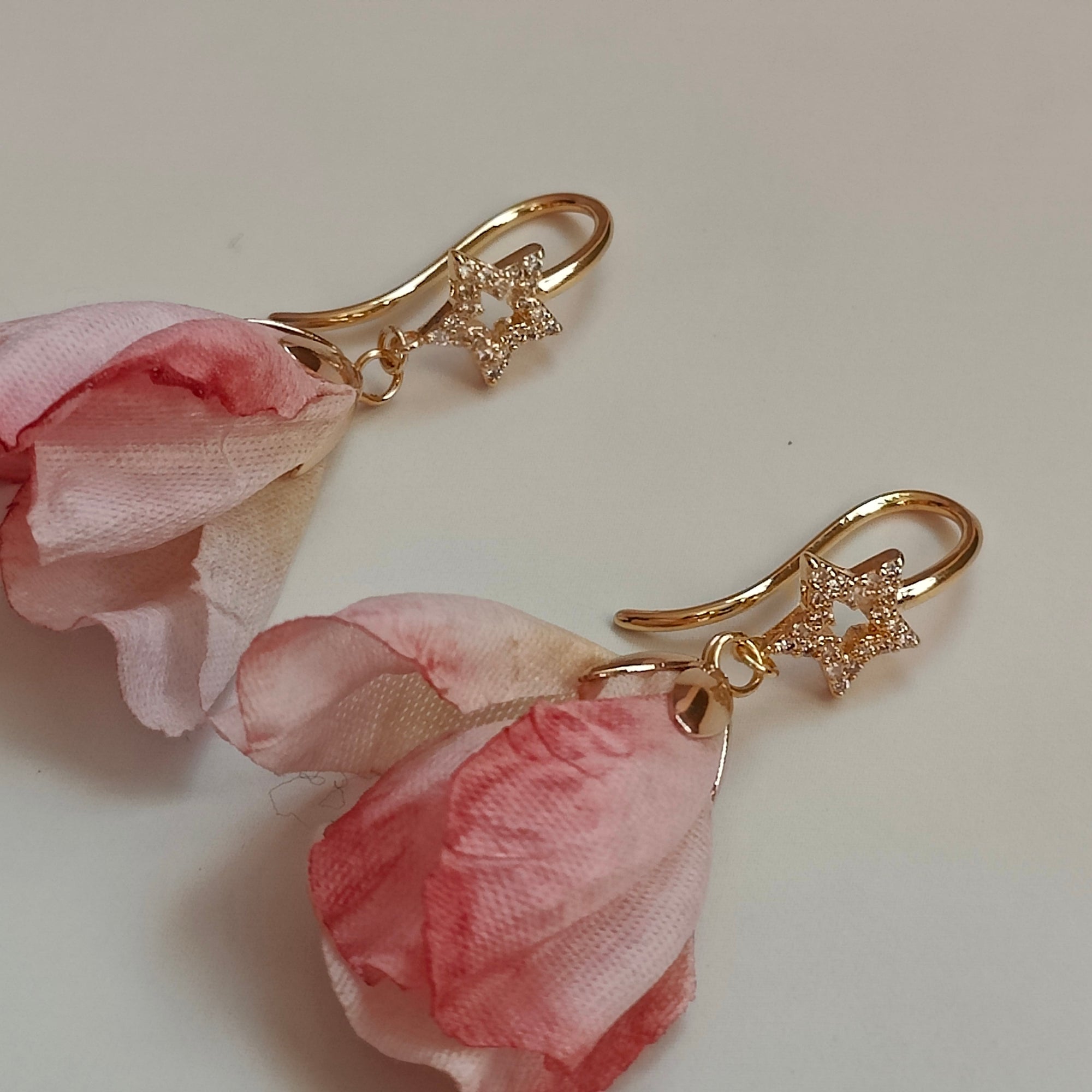 Zofia Handmade 18K Gold Plated Cubic Zirconia Star and Pink Flower Copper Dangle Earrings