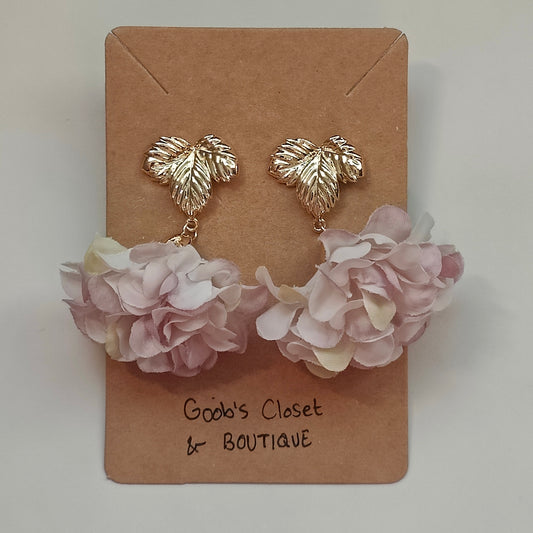 Milana Handmade 18K Gold Plated Leaf and Pink Flower Copper Stud Drop Earrings