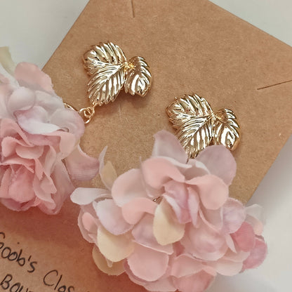 Milana Handmade 18K Gold Plated Leaf and Pink Flower Copper Stud Drop Earrings