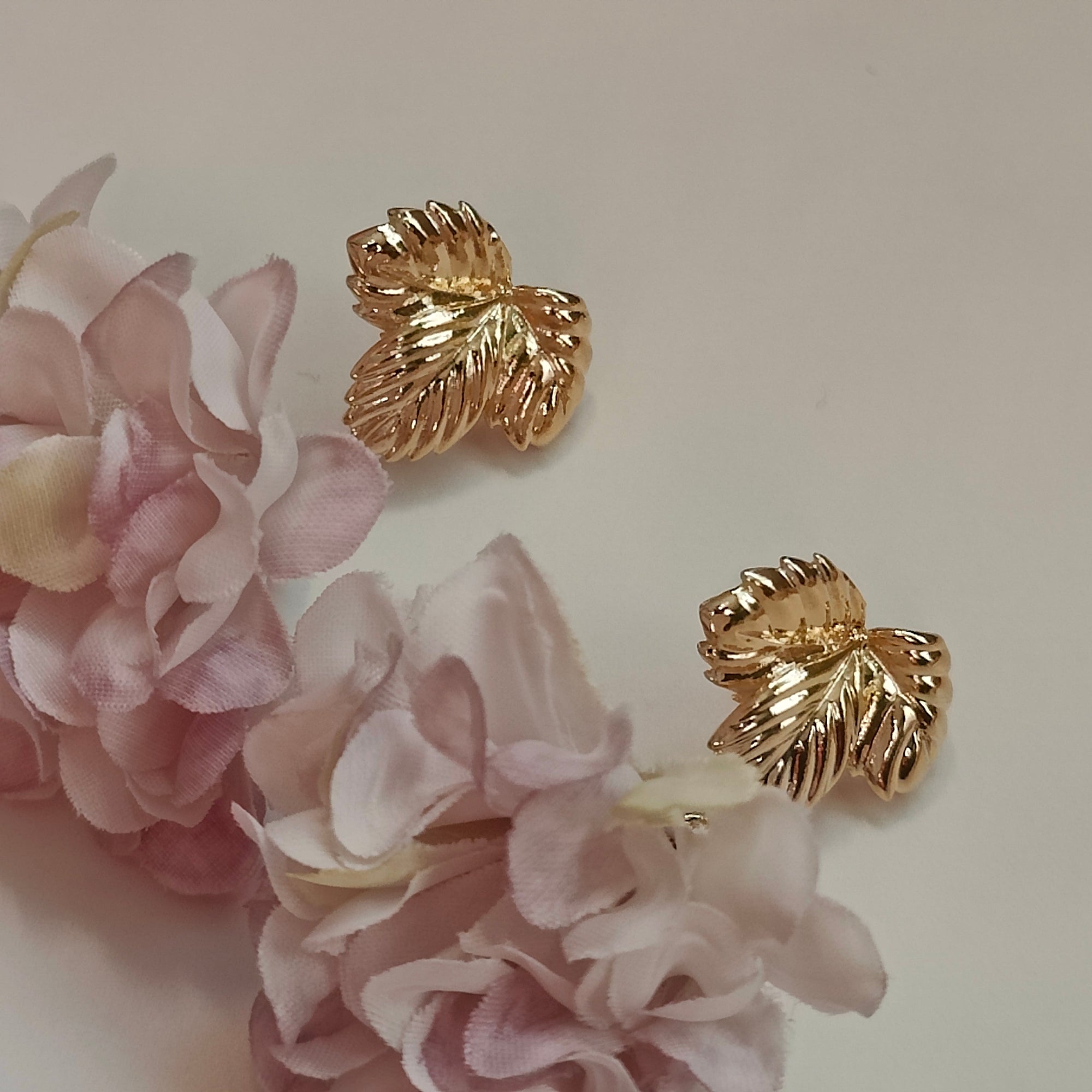 Milana Handmade 18K Gold Plated Leaf and Pink Flower Copper Stud Drop Earrings