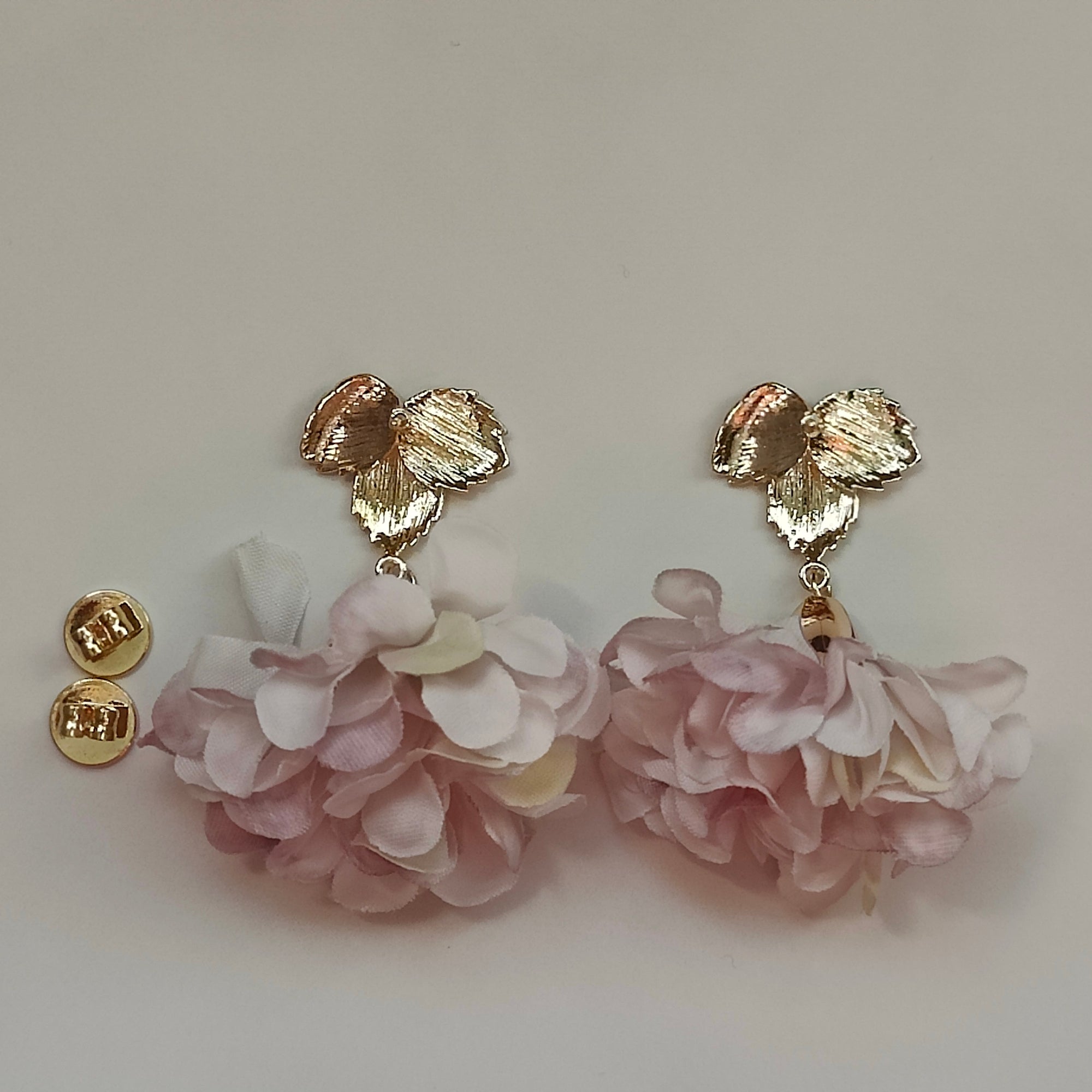 Milana Handmade 18K Gold Plated Leaf and Pink Flower Copper Stud Drop Earrings