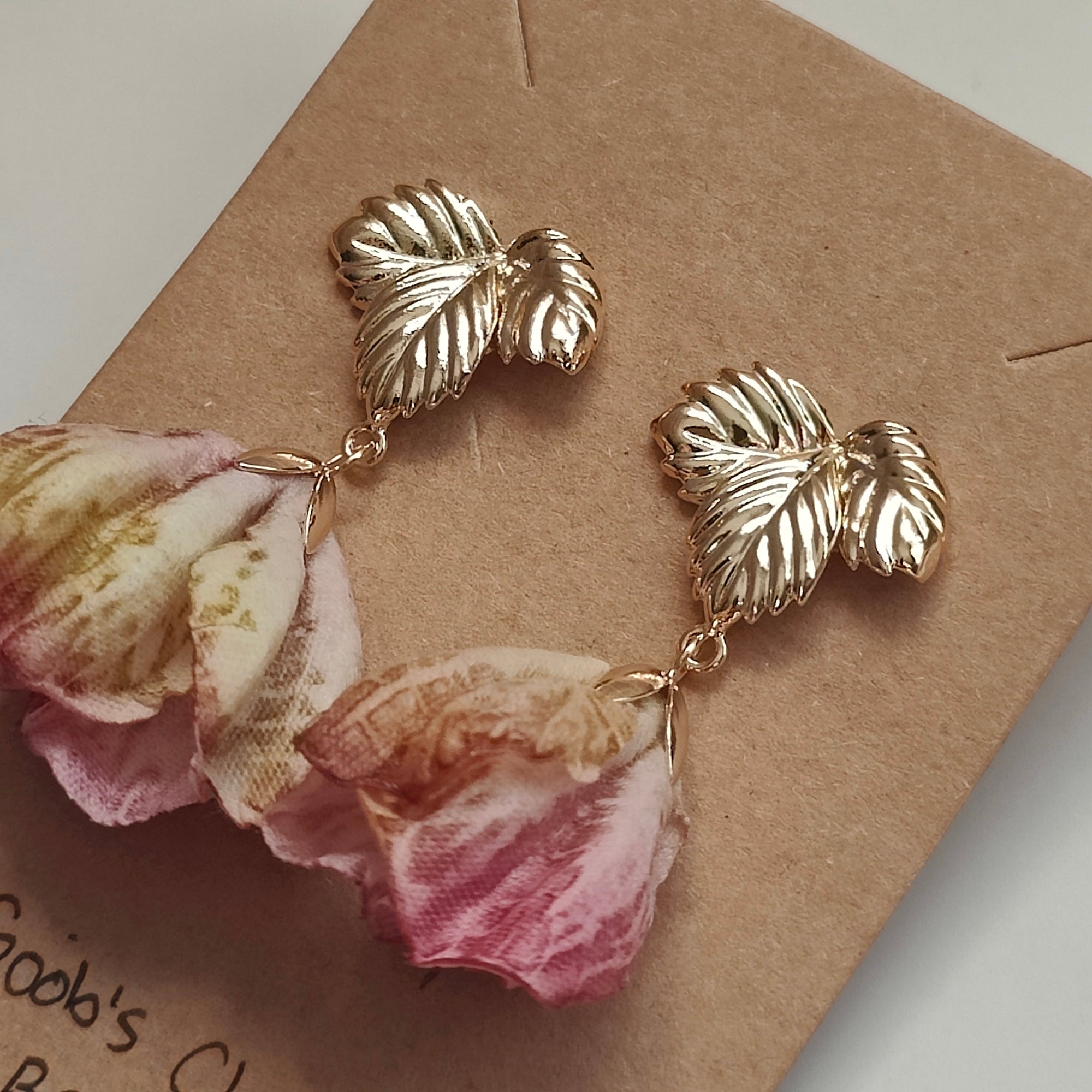 Katharina Handmade 18K Gold Plated Leaf and Pink Flower Copper Stud Drop Earrings