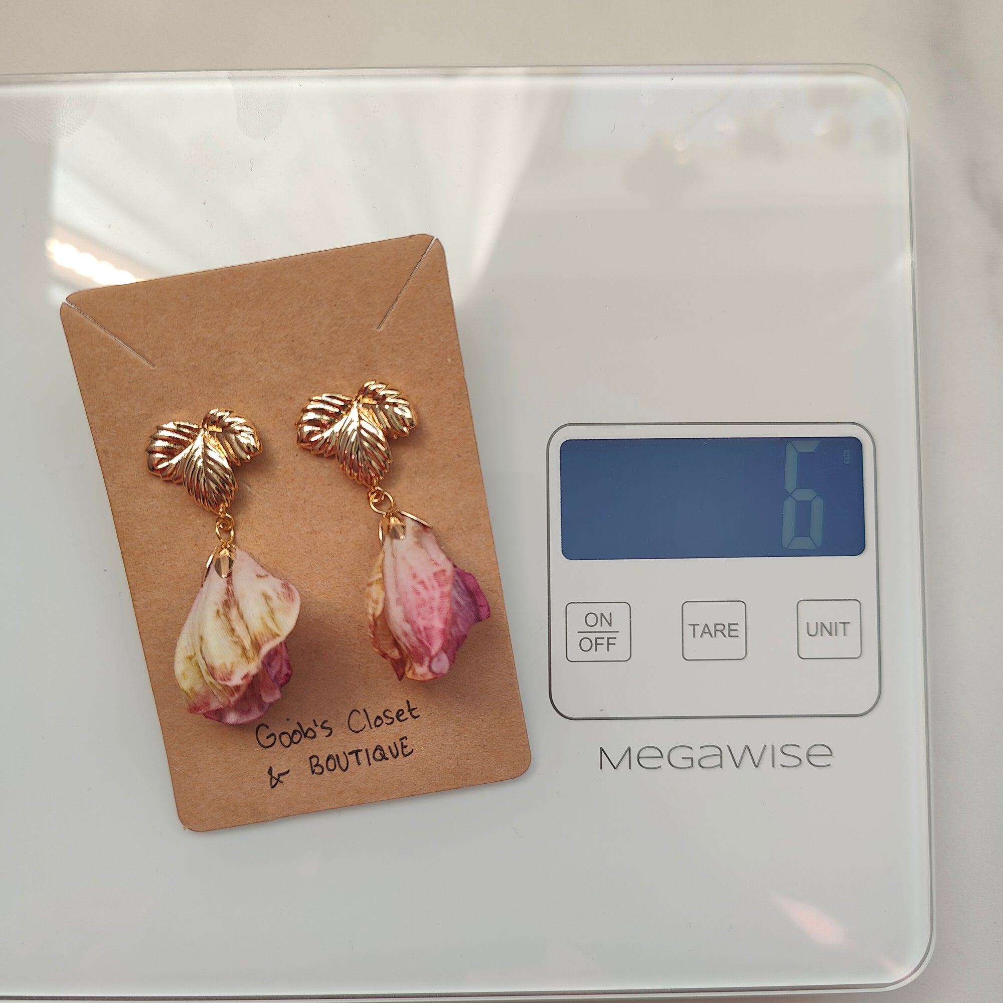 Katharina Handmade 18K Gold Plated Leaf and Pink Flower Copper Stud Drop Earrings