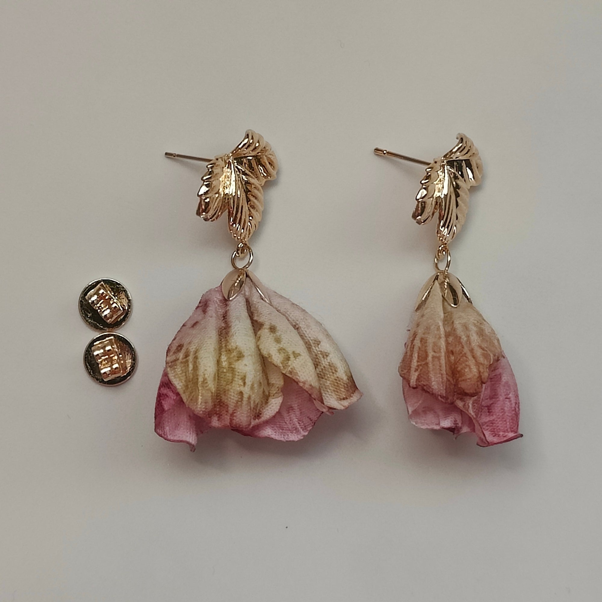 Katharina Handmade 18K Gold Plated Leaf and Pink Flower Copper Stud Drop Earrings