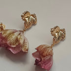 Katharina Handmade 18K Gold Plated Leaf and Pink Flower Copper Stud Drop Earrings